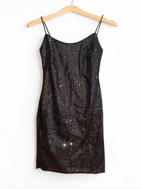 Bebe Sequin Dress Lined Spaghetti Straps Little Black Dress Size 6 NWT